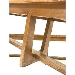 Large pair of 20th century oak benches, each raised on three supports united by stretchers, W290cm, H47cm, D37cm