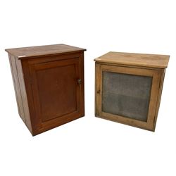 Late 19th century pine meat safe enclosed by wire mesh door (W48cm, H47cm, D36cm), and a late 19th century painted pine cupboard enclosed by panelled door (W46cm, H55cm, D37cm)