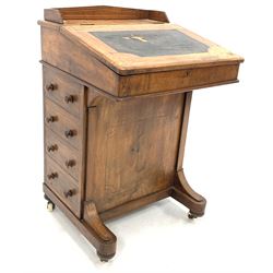 Victorian inlaid walnut davenport desk, raised back over skivered writing slope lifting to reveal interior fitted with drawer, over five drawers and four faux drawers, raised on castors W52cm