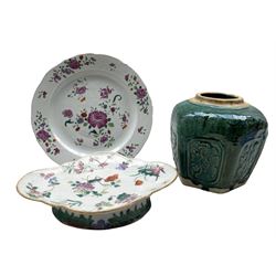 Chinese hexagonal green glazed ginger jar H16cm, 18th century Famille Rose porcelain plate and a Chinese quatrefoil dish painted with floral sprigs and insects (3)