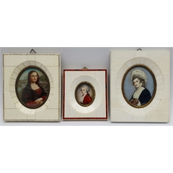 Continental School (Early 20th century): Mona Lisa, portrait miniature in ivory frame and two similar, max 8.5cm x 6.5cm (3)