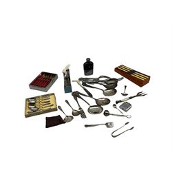 Ronson Whirlwind lighter, hip flask with plated cup, plated cutlery, bone handled knives etc