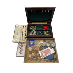 Costume jewellery including earrings, necklaces, brooches etc, various coins including Queen Victoria 1883 six pence, King George V 1929 half crown, small number of other pre 1947 silver coins, pre-decimal pennies, other coins and a King George V Mercantile Marine 1914-1918 medal awarded to ‘Golborne Steede’ and a 1842 Groat etc