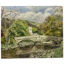 Thomas Leslie Kerkham (Yorkshire 1918-1986): River Landscape with Bridge and Church, oil on panel signed 51cm x 61cm (unframed)