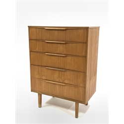 Mid 20th century teak chest fitted with fitted with five graduated drawers, raised on square tapered supports 