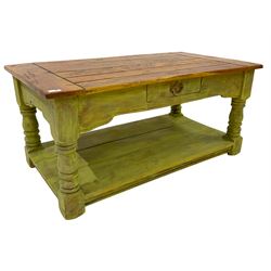 Barker & Stonehouse - hardwood coffee table, rectangular plank top with boarded ends, on distressed green painted base, turned supports joined by undertier, fitted with small drawer