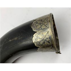 Russian 19th century drinking horn with niello silver mounts, length approx 40cm 