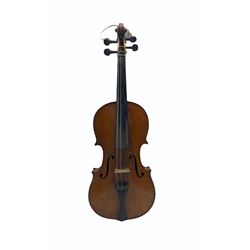 Violin with two piece back and bow in case, length of back 37cm