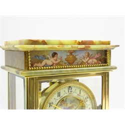 Late 19th century onyx and gilt metal four glass mantel clock, Sevres hand painted porcelain panels depicting urn with putti and maiden, both signed Poitevin, circular enamel Arabic dial, twin train 8-day movement striking the hours and half on coil, mercury pendulum, movement back plate stamped 'Marque Deposer' '3625 41', H33cm, W21cm, D13cm