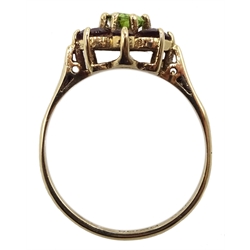 9ct gold peridot and garnet cluster ring, hallmarked