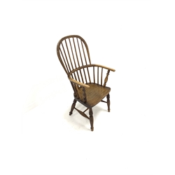 19th century elm and ash Windsor armchair, with hoop and spindle back over saddle seat, ring turned supports united by 'H' stretcher, W55cm