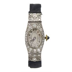Art Deco platinum milgrain set diamond manual wind lever wristwatch, on ribbon with 14ct white gold clasp