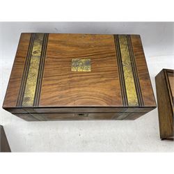 Early 20th century oak slope front table top collectors cabinet with glazed hinged cover and single drawer, L26cm, Victorian rosewood work box with mother-of-pearl inlay,  Victorian mahogany writing slope and a Japanese ebonised box having carved woven decoration to the exterior(4)