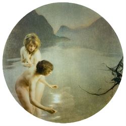 After Paul Chabas (French 1869-1937): 'Lac D'Annecy Pêcheuses de Lune', early 20th century circular colour lithograph 28cm x 28cm