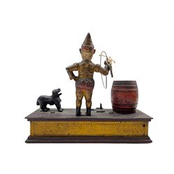 Late 19th or early 20th century American 'Trick Dog' cast iron mechanical money bank, possibly Hubley, with painted decoration, the base inscribed 'Pat July 31 1888' L22cm