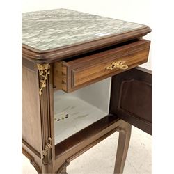 20th century French style walnut bedside table, with inset white variegated marble top over drawer and panelled cupboard with gilt metal mounts, raised on slender shaped cabriole supports W41cm