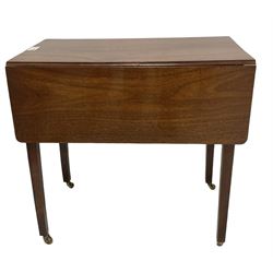 George III mahogany Pembroke table, drop-leaf rectangular top over single end drawer, square tapering supports on brass castors