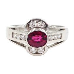 18ct white gold oval ruby and diamond ring, hallmarked
