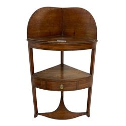 George III mahogany corner washstand, shaped raised back over two tiers, fitted with single drawer (W63cm, H95cm); George III mahogany corner washstand (W55cm, H97cm); George III mahogany toilet mirror, oval swing mirror over bow-front base fitted with three drawers (W64cm, H63cm) (3)
Provenance: From the Estate of the late Dowager Lady St Oswald