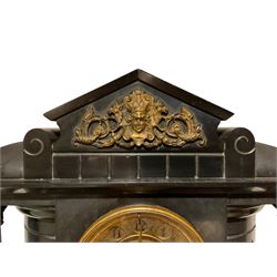French - 19th century 8-day Belgium slate mantle clock, circa 1890, architectural case with a stepped plinth, gilt dial with Arabic numerals, striking the hours and half-hours on a coiled gong.