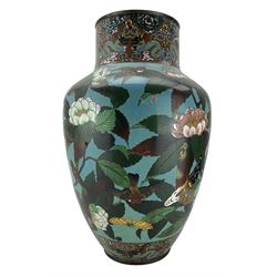 Late 19th century Japanese cloisonne floor vase, of shouldered ovoid form, decorated with exotic birds and insects amongst peonies, against a blue ground, the cylindrical neck decorated with a continuous scene of dragons amidst clouds, H64cm