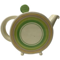 1930s Clarice Cliff Bizarre 'Bonjour' tea for two, comprising teapot, sugar bowl, milk jug, two teacups, two saucers and one tea plate, decorated with concentric bands in green, pink and yellow (8)