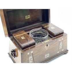  19th century Rosewood and mother of pearl inlaid sarcophagus tea caddy, the interior with two covered containers and glass bowl, ring handles and compressed bun feet W33cm  