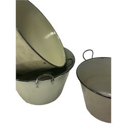 Four painted metal buckets with carrying handles, various sizes, the largest - D60cm