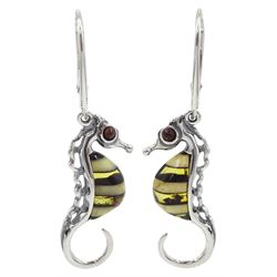 Pair of silver and Baltic amber seahorse pendant earrings, stamped 925 