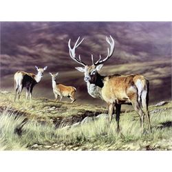 After T Ralph Hall (British contemporary): Highland Stag and Deer, limited edition print signed and numbered 101/295