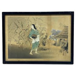 Japanese School (19th century): Kimono Clad Women, near pair woodblock prints with hand colouring max 20cm x 32cm (2)