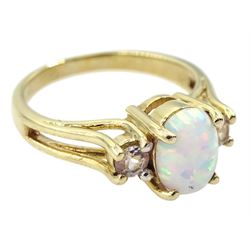9ct gold three stone oval opal and white topaz ring, hallmarked 