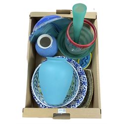 Art glass vases, pottery bowls and vases, etc in one box