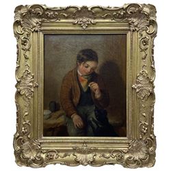 English School (Early-mid 19th century): Boy Training his Dog, oil on canvas unsigned, inscribed 150, housed in ornate gilt Victorian frame with moulded cartouche and scroll design inscribed 'Law' 43cm x 35cm