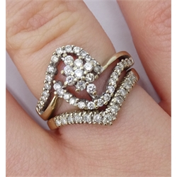 14ct gold diamond swirl design cluster ring and a 10ct gold diamond wishbone ring