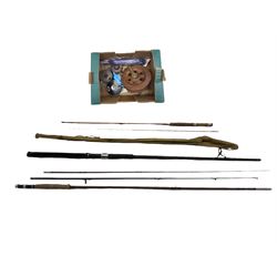 Fishing tackle to include, a wooden Scarborough fishing reel, Silstar Ultra Balance fishing rod L50cm, a Fosters split cane rod, two further rods and a collection of fishing reels. 