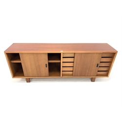 Mid 20th century retro teak Vintage sideboard in the style of Robin Day, with four sliding doors enclosing an adjustable shelf and two banks of four drawers, raised on square supports, W183cm, H70cm, D39cm