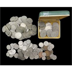 Pre 1947 silver two shilling and one florin coins, from the reigns of King George V and King George VI, total weight approximately 1100 grams and various pre-decimal base metal coins including pennies, two shillings etc