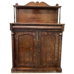 19th century mahogany chiffonier, the raised back over two panelled doors, opening to reveal one shelf and one drawer, raised on a plinth base 