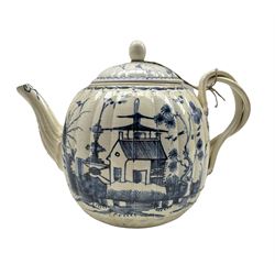 18th century Creamware teapot of melon form with blue chinoiserie design and strapwork handle, H17cm