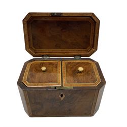 Early 19th century burr yew wood tea caddy of oblong form with canted corners and satinwood crossbanding, the interior with two covered containers W19cm