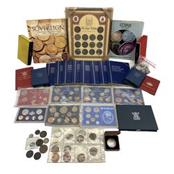Great British and World coins, including 'Britain's First Decimal Coins' sets in blue wallets, pre decimal coinage, various empty Whitman folders, Royal Canadian Mint 1973 and 1977 coin sets in folders, reference books etc