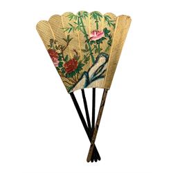 Large Chinese ornamental fan with painted decoration H130cm