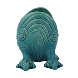 Burmantofts Faience turquoise-glaze spoon warmer modelled as a grotesque seated toad, impressed factory marks beneath, model no. 451, H13cm