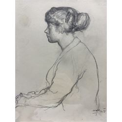 Harold Hope Read (British 1881-1959): 'Woman in Thought' 'Portrait of a Woman' and 'Woman in Hat and Coat', two pencil sketches and one charcoal drawing (respectively), signed, labelled verso max 30cm x 22cm (3) (unframed)