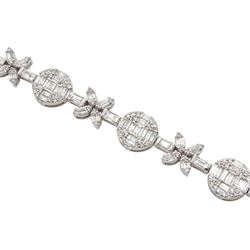 18ct white gold baguette and round brilliant cut diamond flower and circular link bracelet, stamped 750, total diamond weight approx 3.70 carat