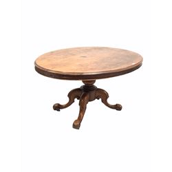 Victorian mahogany loo table, the oval tilt top raised on four scroll carved splayed supports W135cm