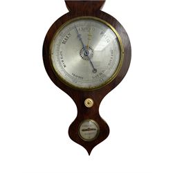 A rosewood mercury wheel barometer c1860 with an “onion” top and conforming base, complete with hygrometer, spirit thermometer, Butler’s mirror and level bubble, 8” silvered register engraved with weather predictions, measuring barometric pressure from 28 to 31 inches, with a steel indicating hand and brass recording hand, cast brass bezel and convex glass, syphon tube intact with mercury, pulleys and counterweight.



