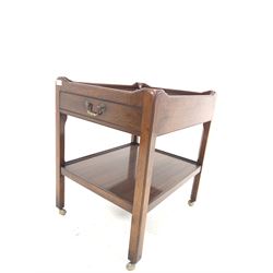 20th century mahogany two tier tray top table fitted with single drawer, raised on castors 61cm x 51cm, H69cm