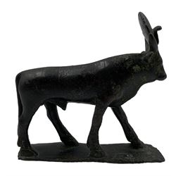 Ptolemeic period Egyptian bronze Apis Bull, with sun disk with uraeus between his horns, the body with incised details including a winged scarab, blanket and collar, later rectangular base, L9cm, H9cm, D2.5cm